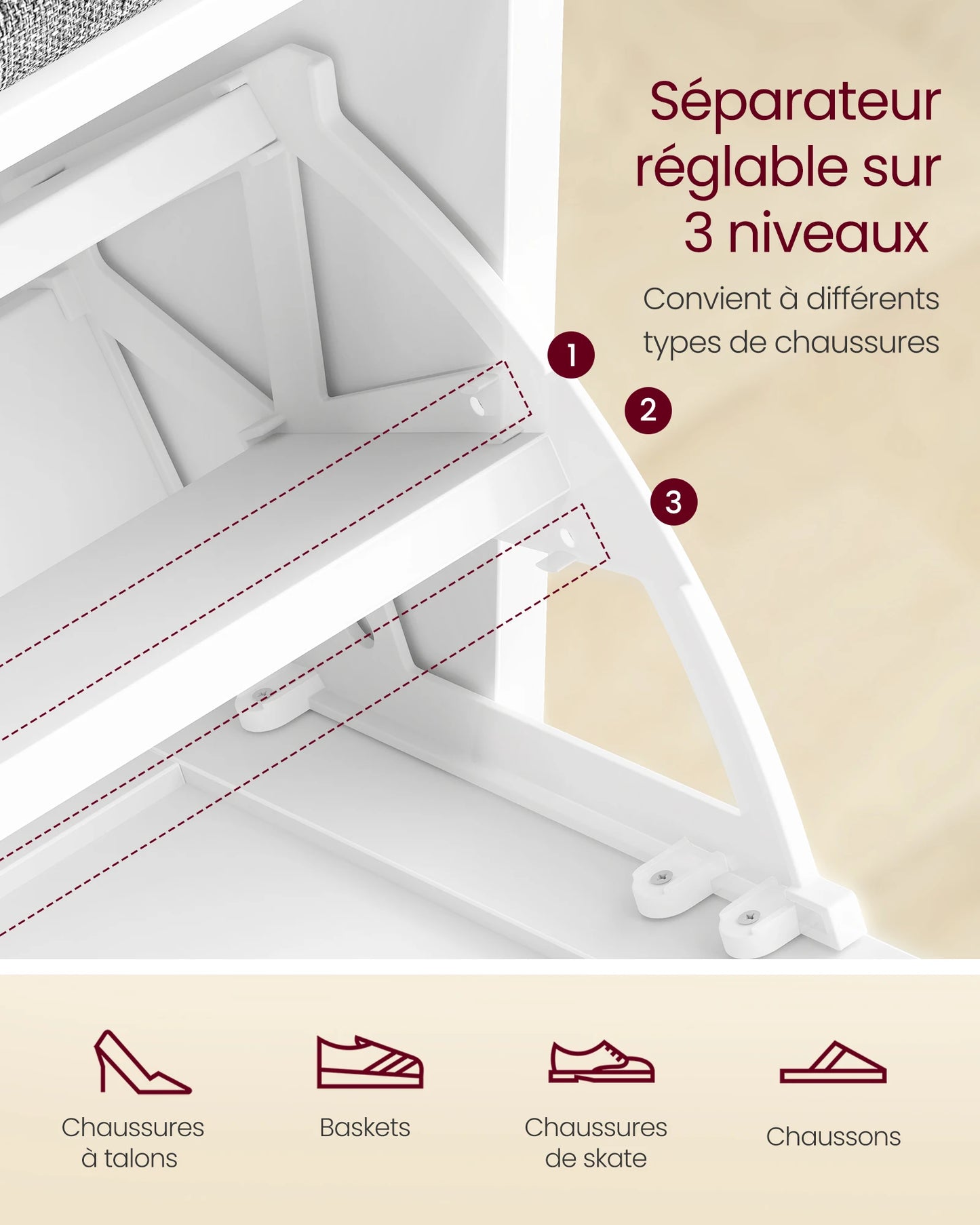 Étagère chaussures banc de couleur blanche 30 x 80 x 53.5 cm -