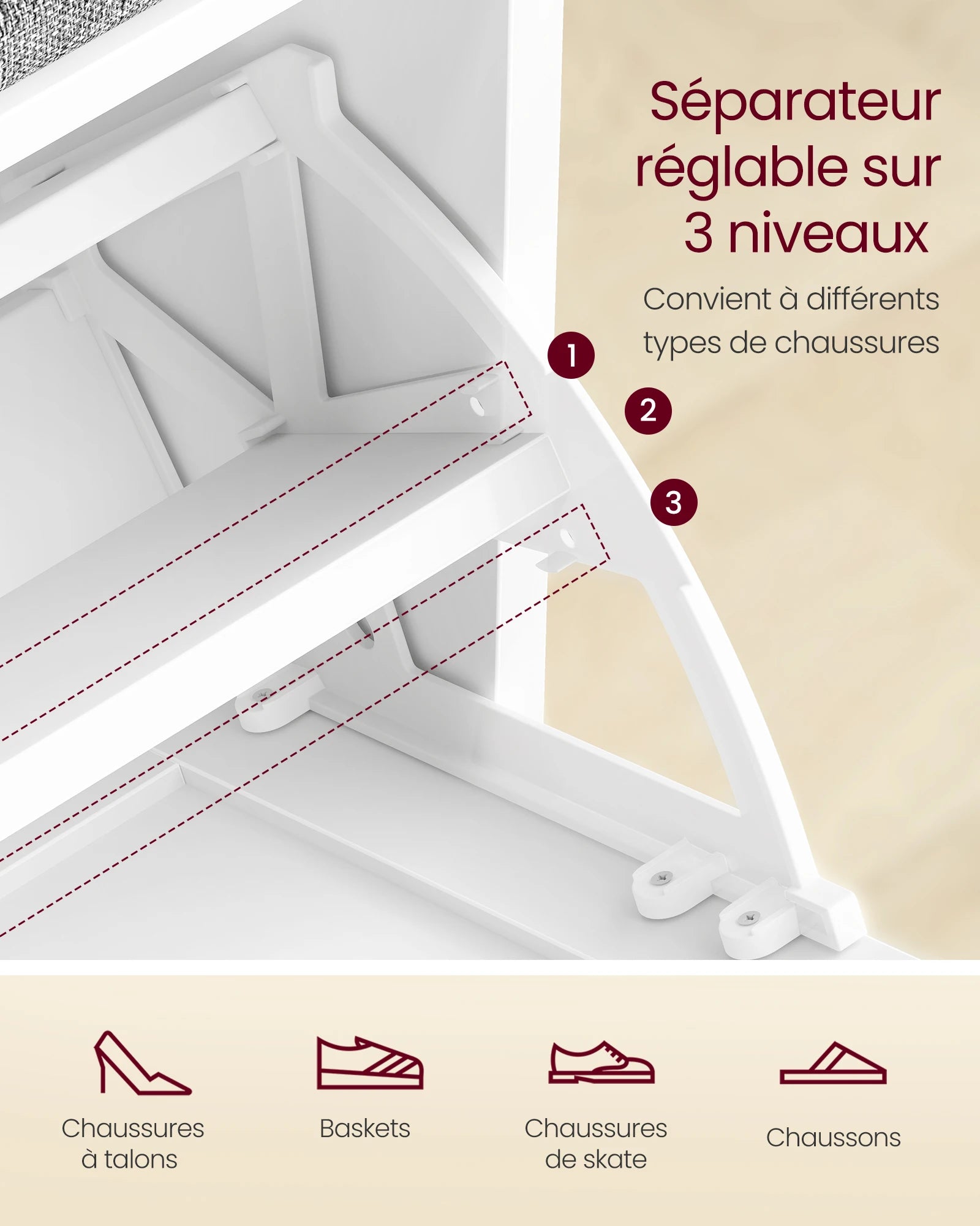 Étagère chaussures banc de couleur blanche 30 x 80 x 53.5 cm -