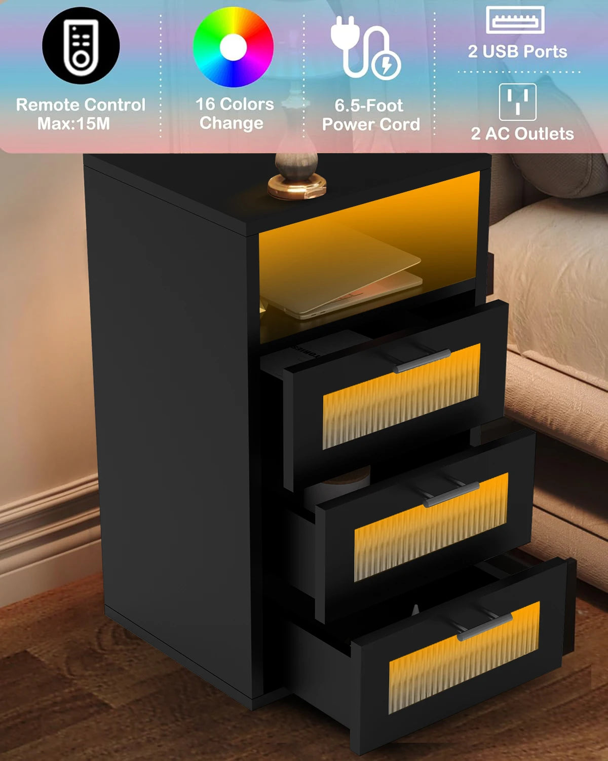 Table de chevet led avec station de recharge -