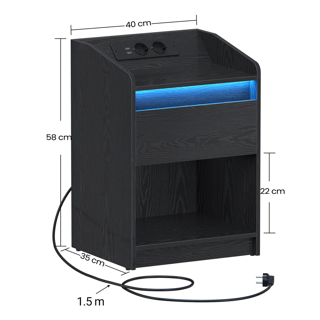 Table de chevet avec lumière LED et station de charge -
