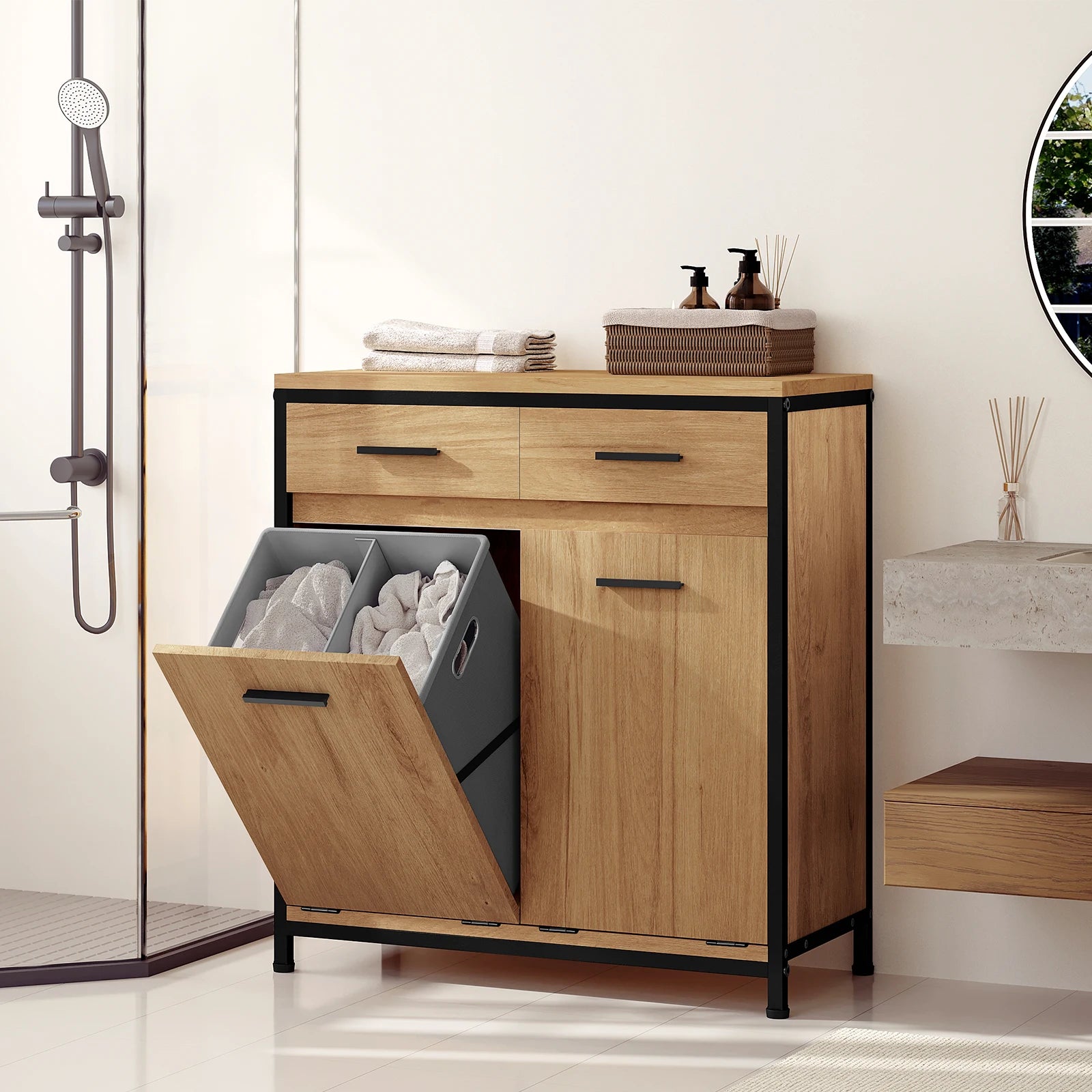 Meuble salle de bain bois foncé avec panier vêtements -