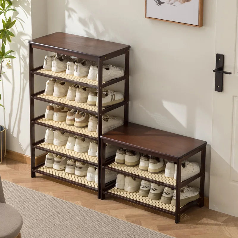 Meuble à chaussure bas d'entrée en bois massif -