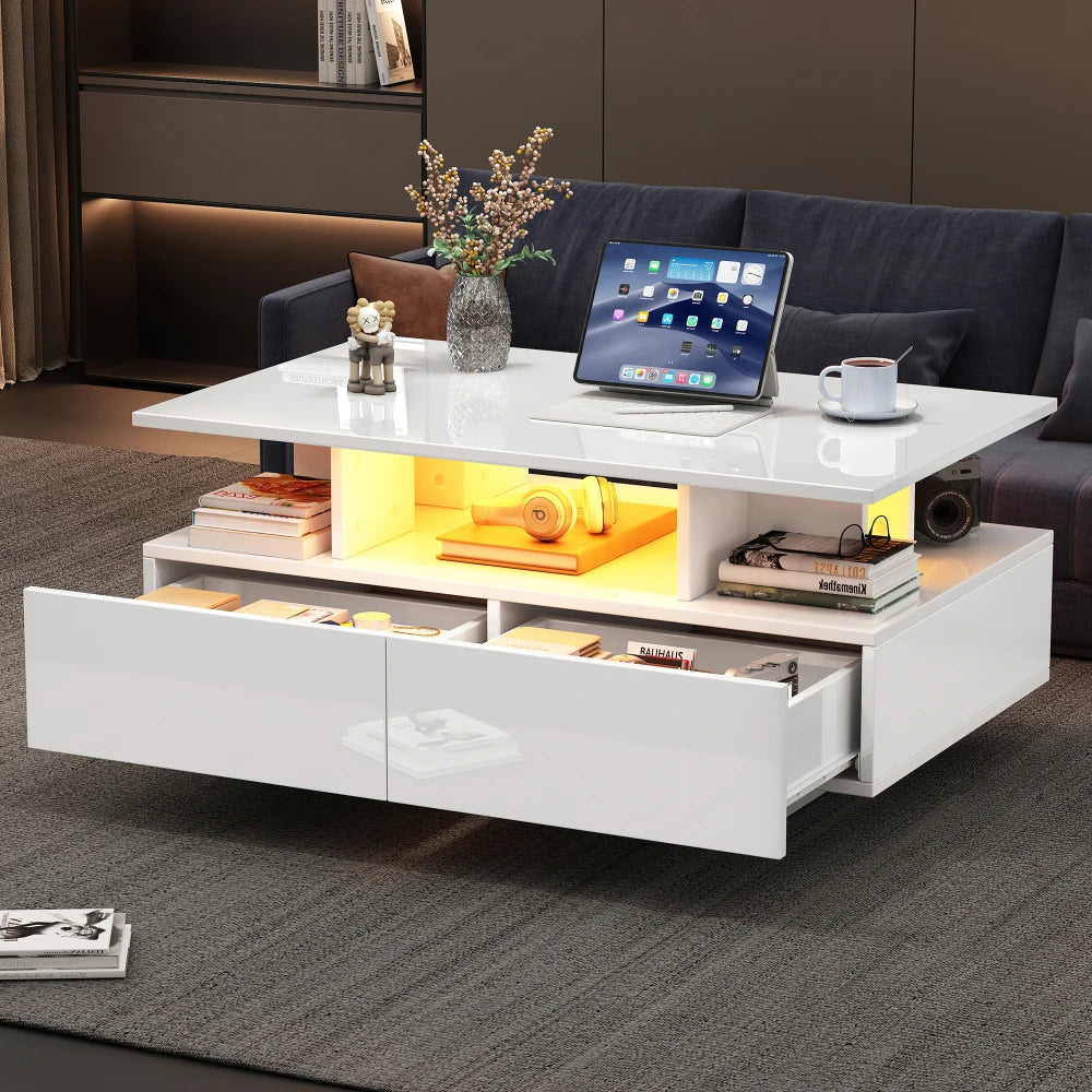 Table basse Multifonction à LED 90x55x41 Cm - Table basse Blanc