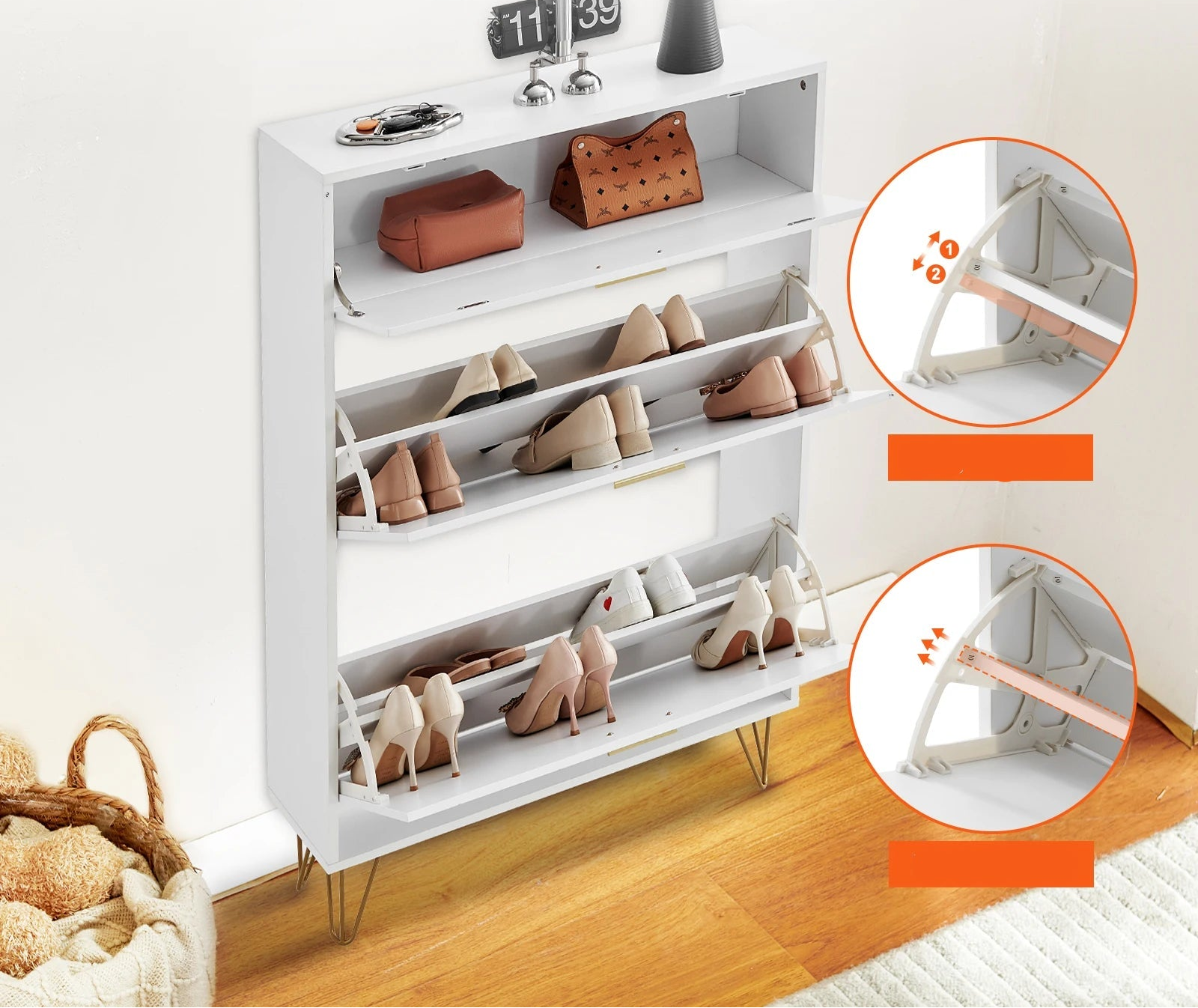 Meuble à chaussure avec tiroirs rabattables autoportants pour sabots et talons -