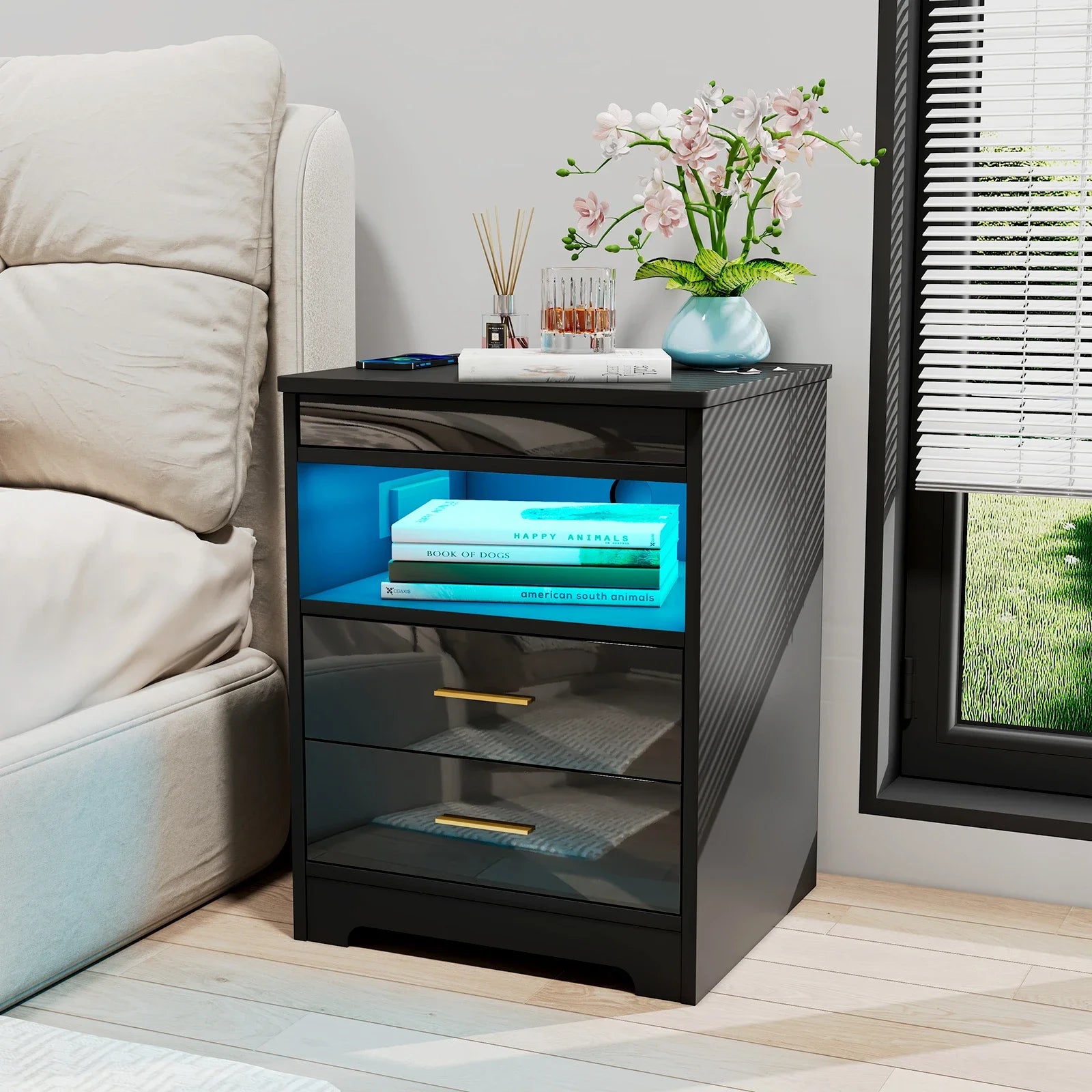 Table de chevet noir et bois avec prise -