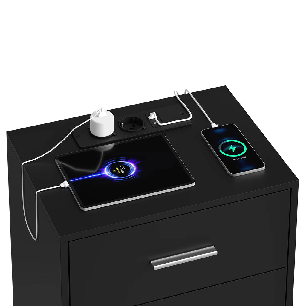 Table de chevet avec prise 3 tiroirs blanc -