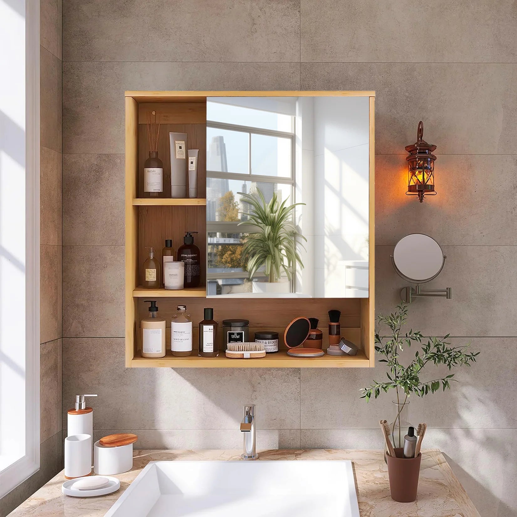 Meuble salle de bain bambou moderne idéal pour médicaments -