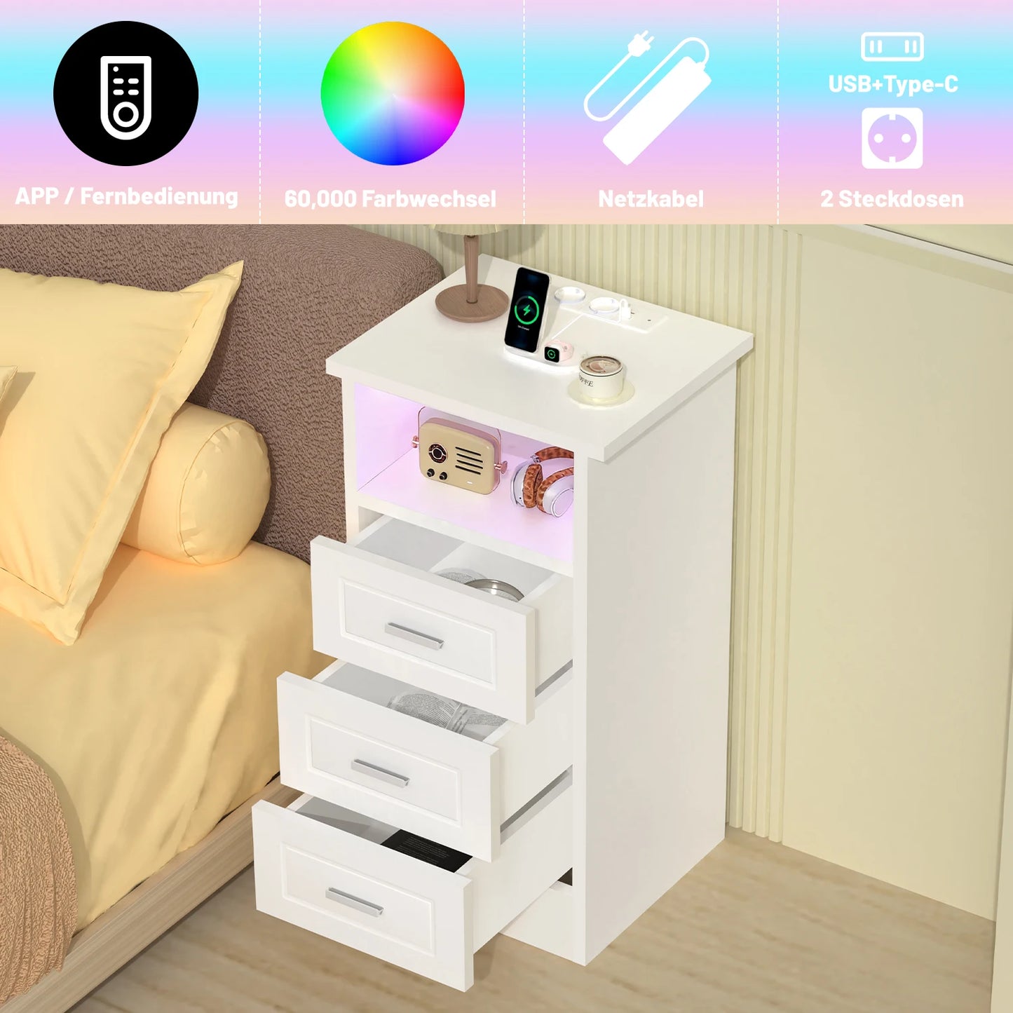 Table de chevet intelligente avec station de recharge USB -