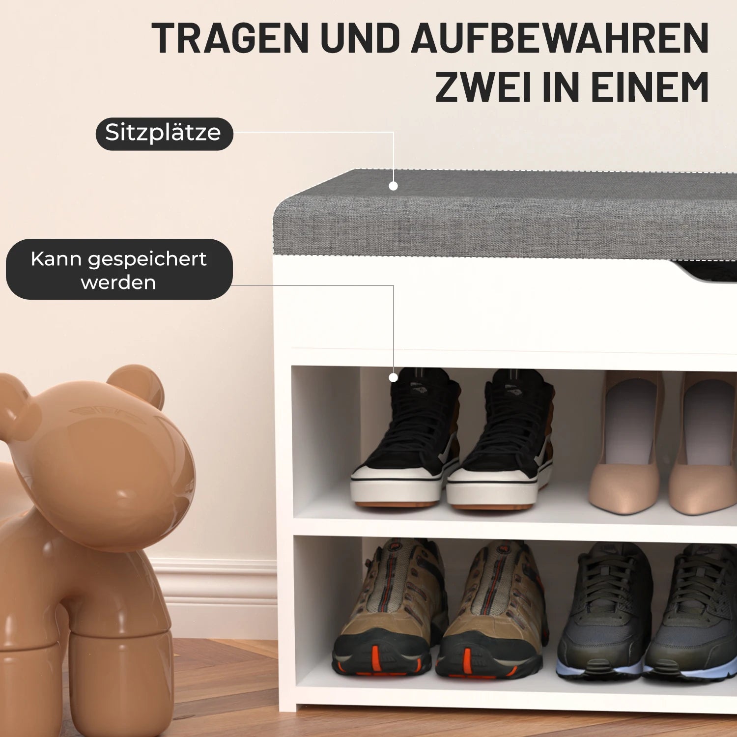 Meuble à chaussure blanche avec siège rembourrée et de taille 80 x 30 x 44 cm, -