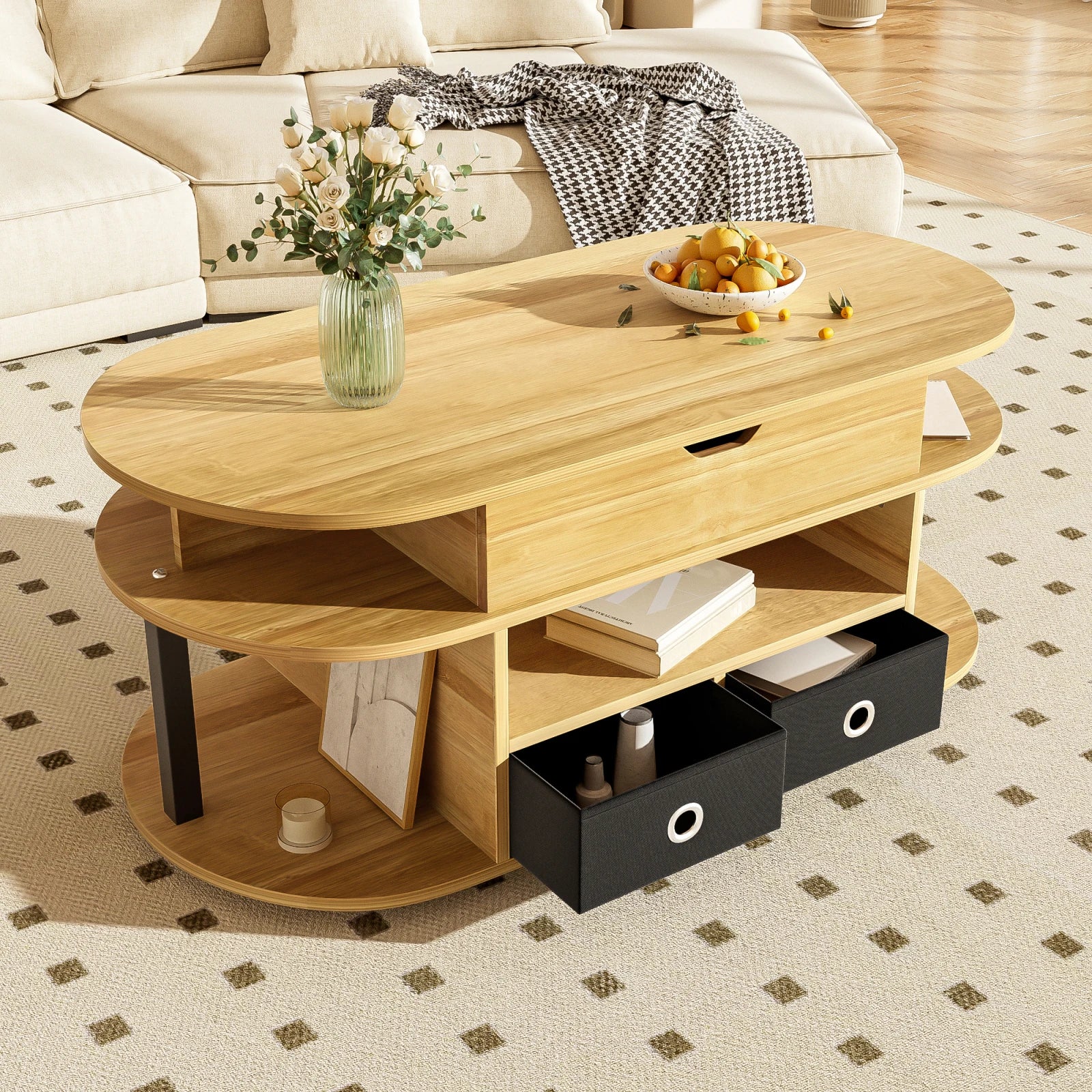 Table basse en bois transformable à plusieurs compartiments -