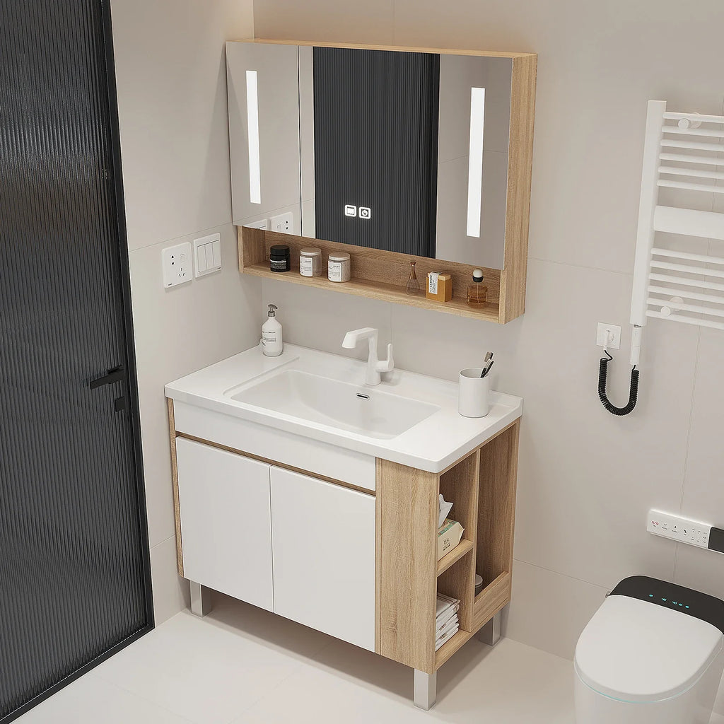 Meuble salle de bain ensemble avec lavabo et miroir - Blanc bois