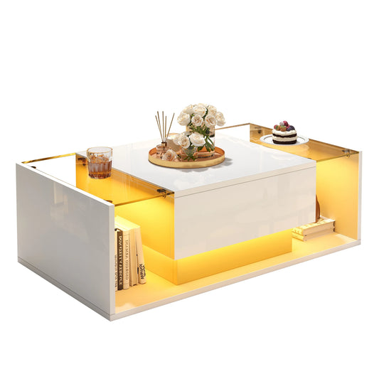 Table basse bois blanche et verre + led lumineux -