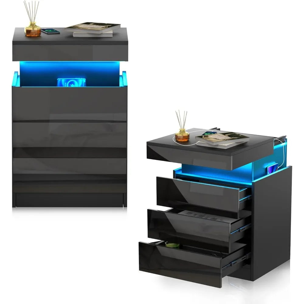 Table de Chevet design noir avec 3 Tiroirs et LED - Noir Table de chevet