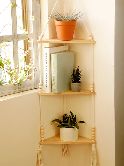 étagère bois d'angle triangulaire à 3 niveaux muraux -