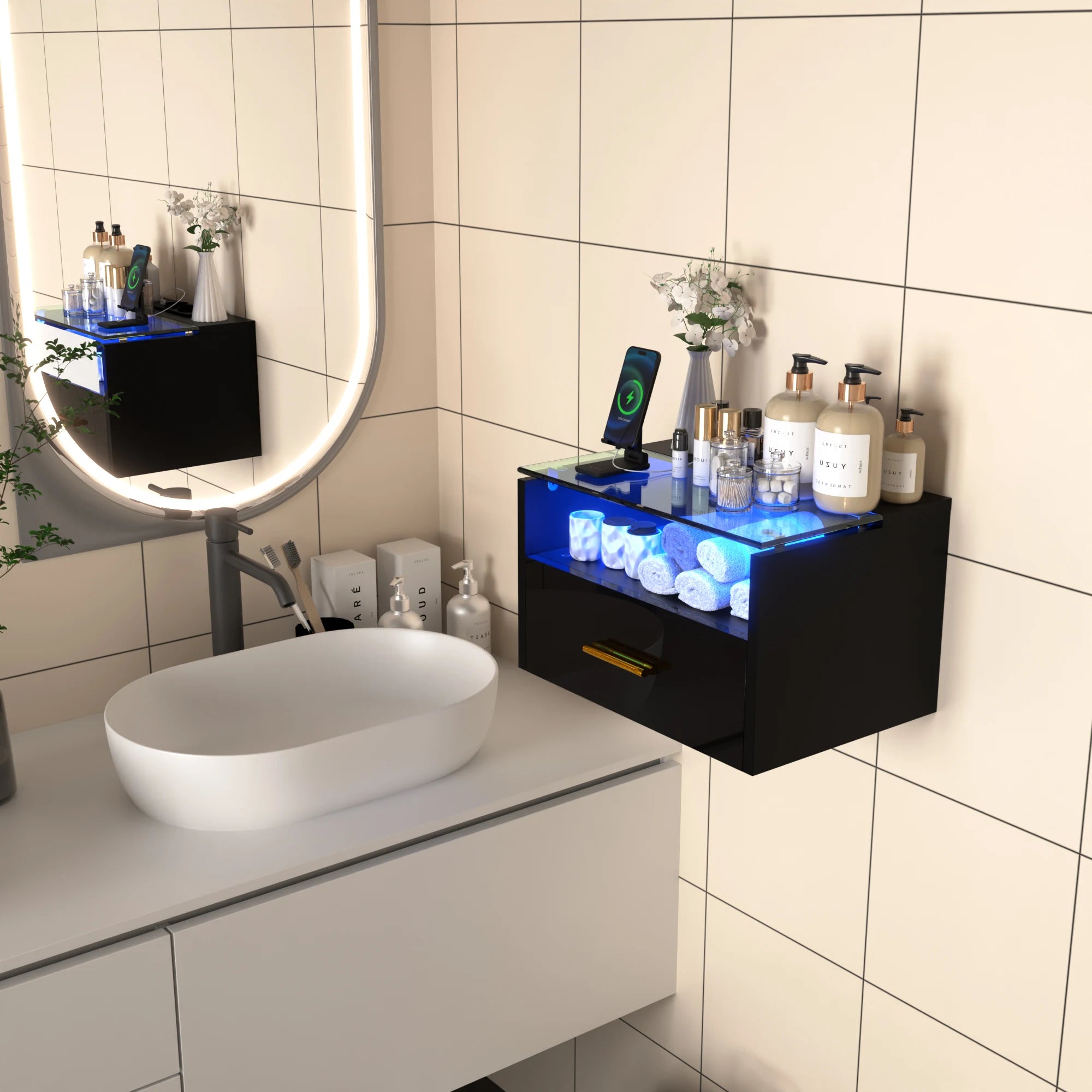 Table de nuit avec plateau verre trempé LED -