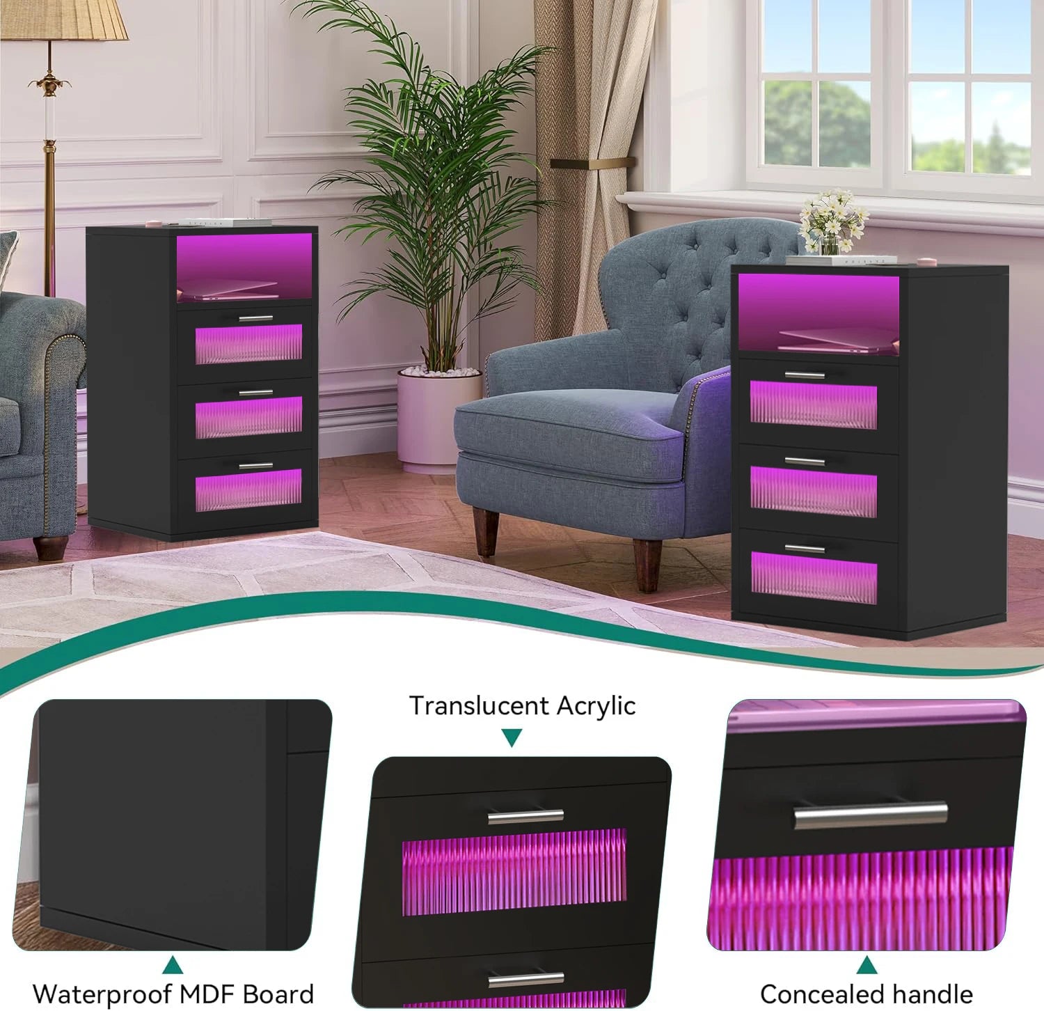 Table de chevet led avec station de recharge -