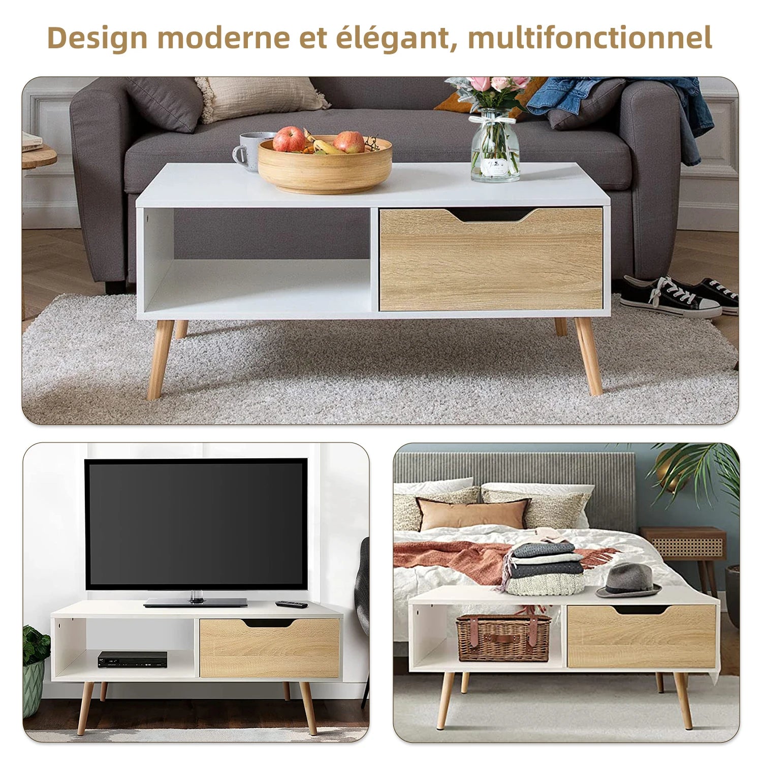 Table basse en bois massif moderne pour salon -