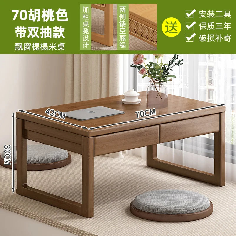 Table basse bureau japonais en bois naturel - 70 Noyer 2 pompes