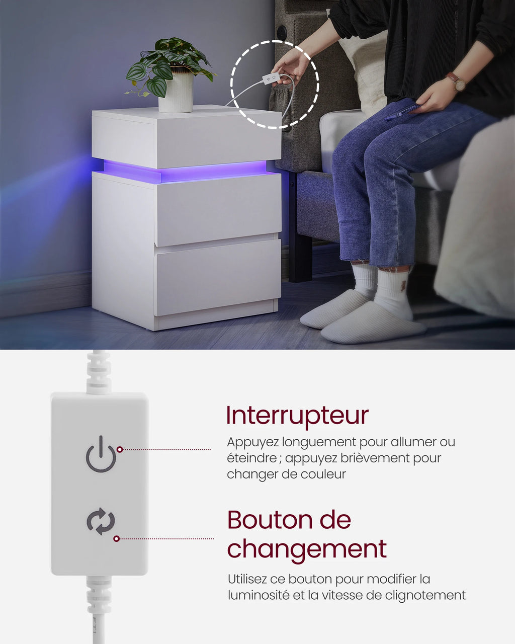 Table de chevet pas chère à LED et 3 tiroirs 2 pcs -