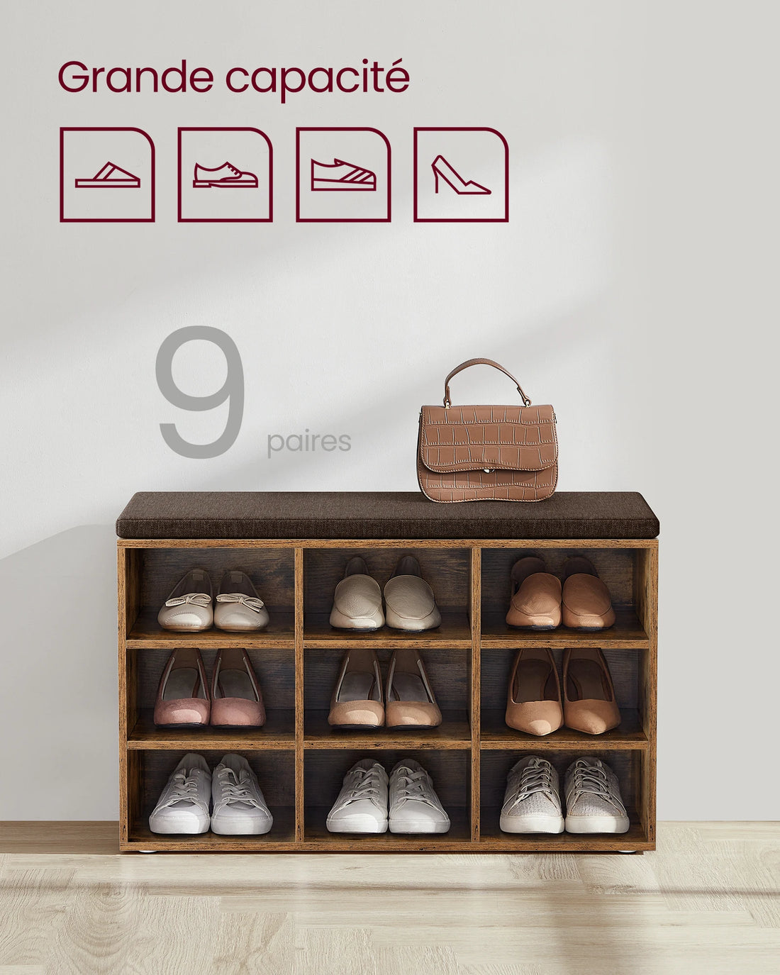 Grand meuble à chaussure et banc 9 Compartiments -