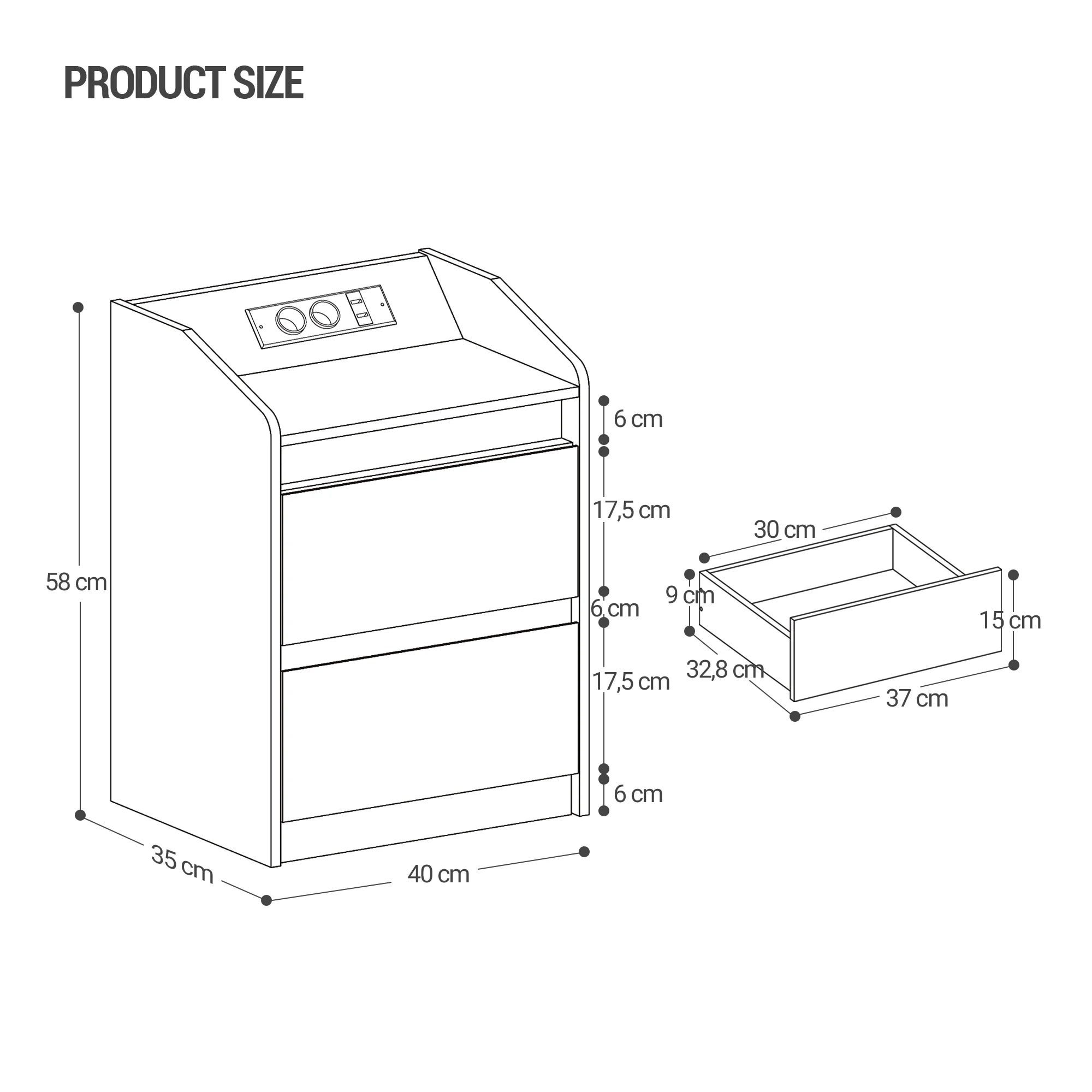 Table de nuit LED avec prise USB, 2 tiroirs -