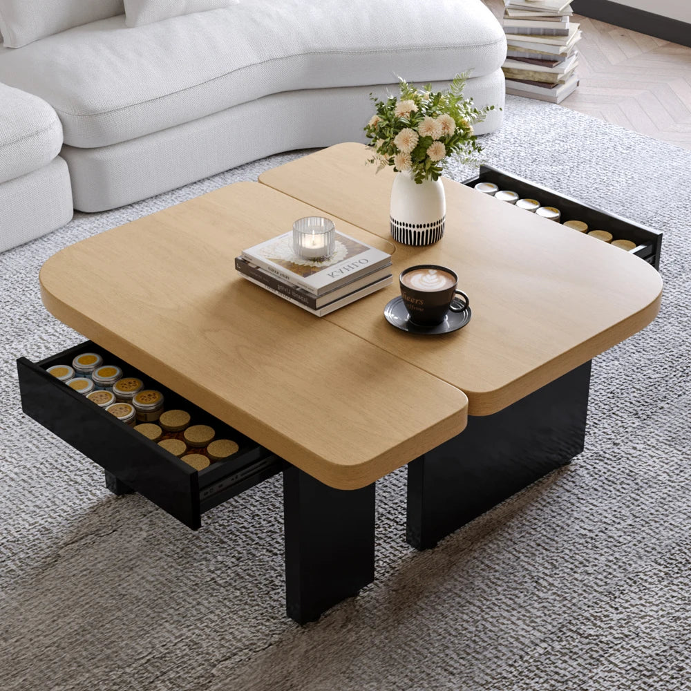 Table basse bois ronde et carré originale avec compartiments tiroirs -