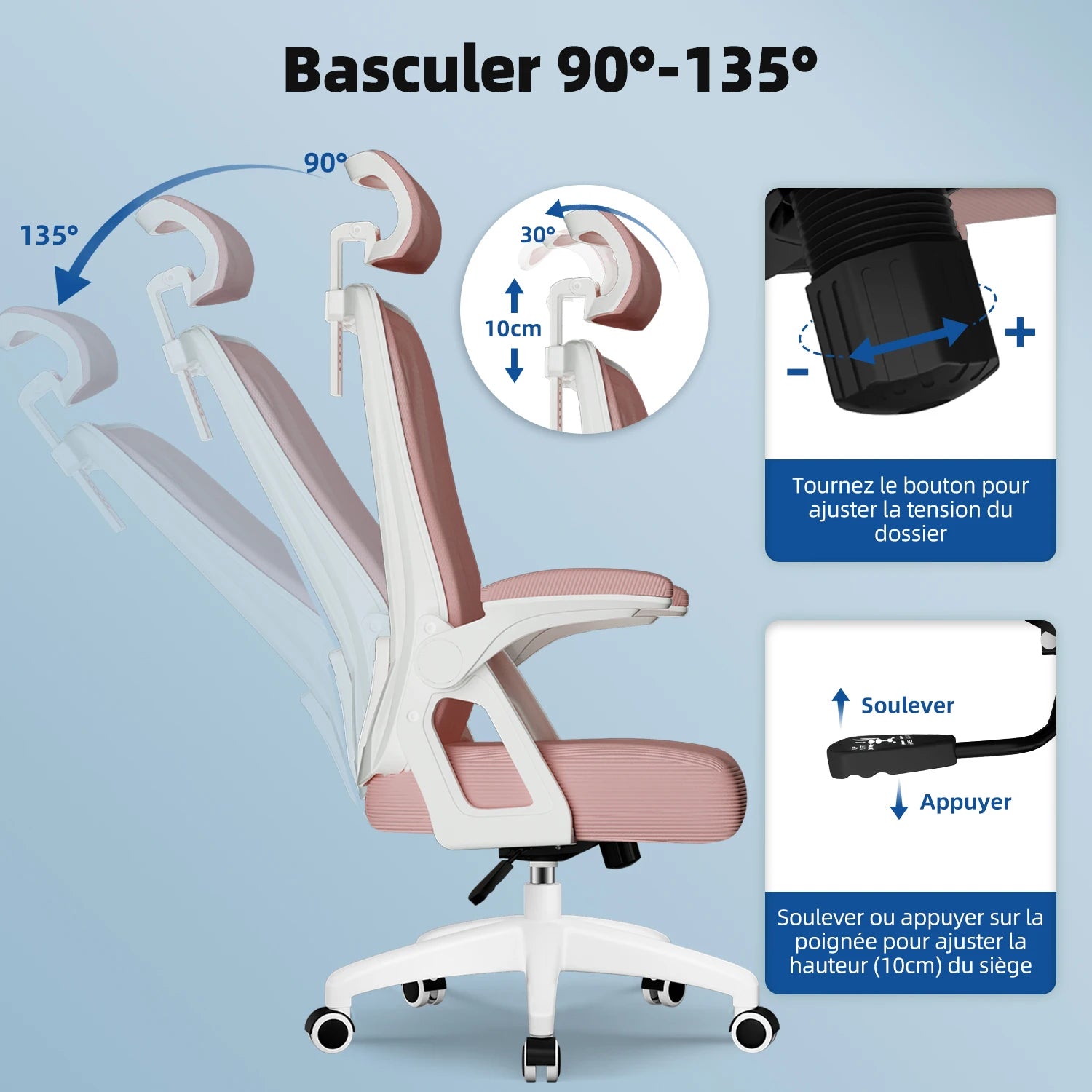 Chaise de bureau à roulette avec accoudoirs réglables -