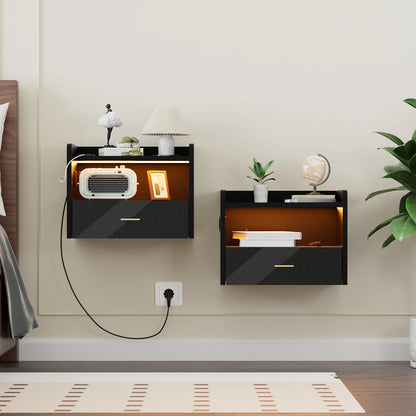 Table de nuit à un tiroir avec une bande lumineuse - Table de nuit 2pcs Noir