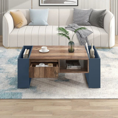 Table basse blanc scandinave 105 X 60 X 40 Cm - Naturel + bleu profond Table basse