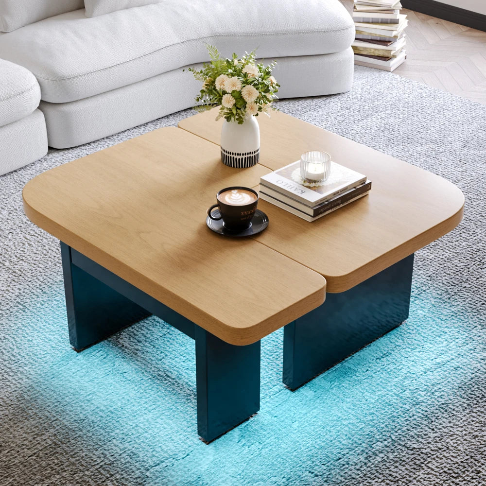 Table basse bois ronde et carré originale avec compartiments tiroirs -