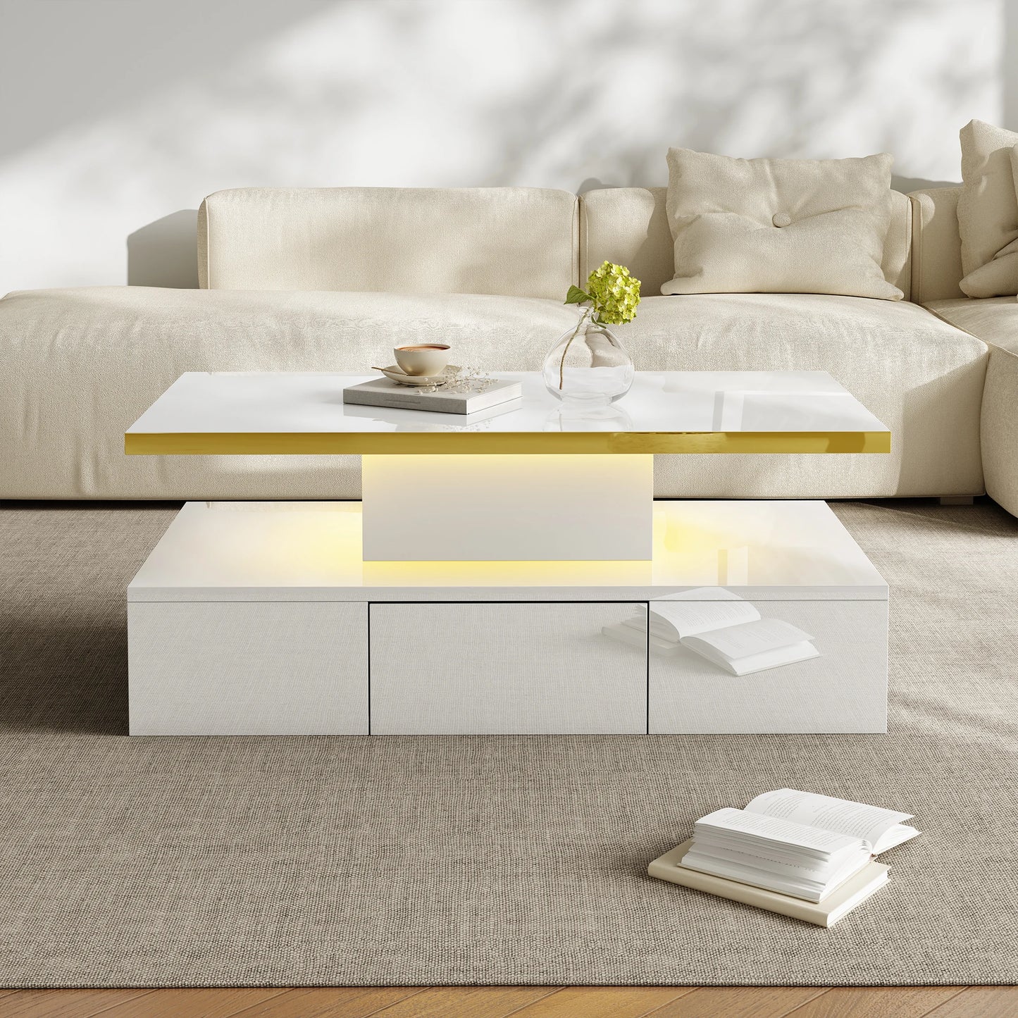 Table basse rectangulaire moderne et brillante avec éclairage LED -
