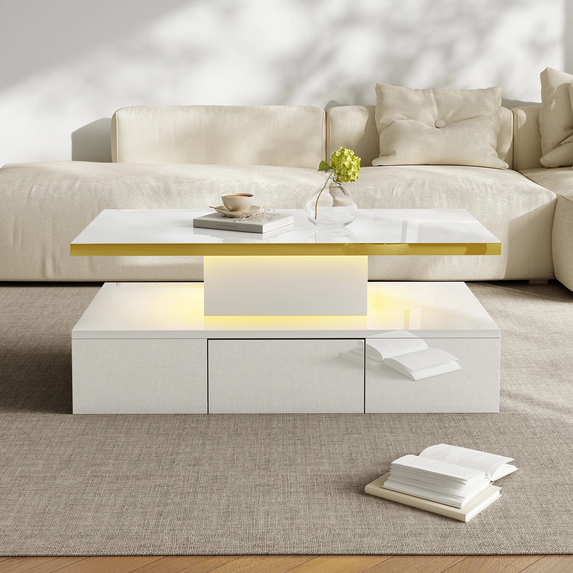 Table basse rectangulaire moderne et brillante avec éclairage LED -