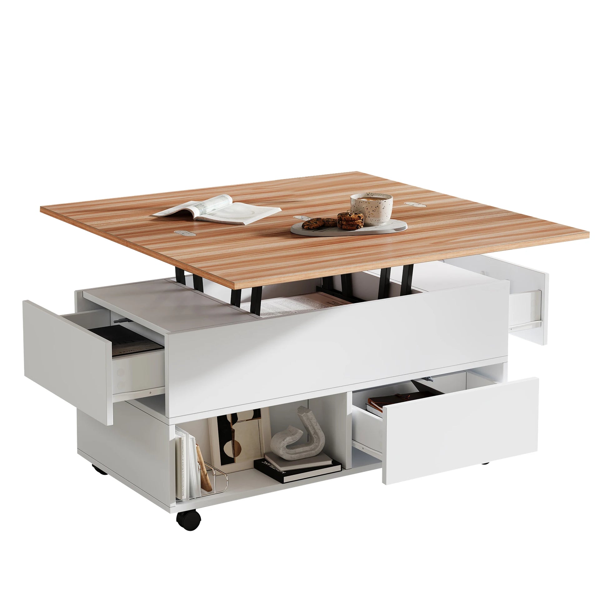 Table basse bois avec tiroirs rectangulaire et plateau soulevable -