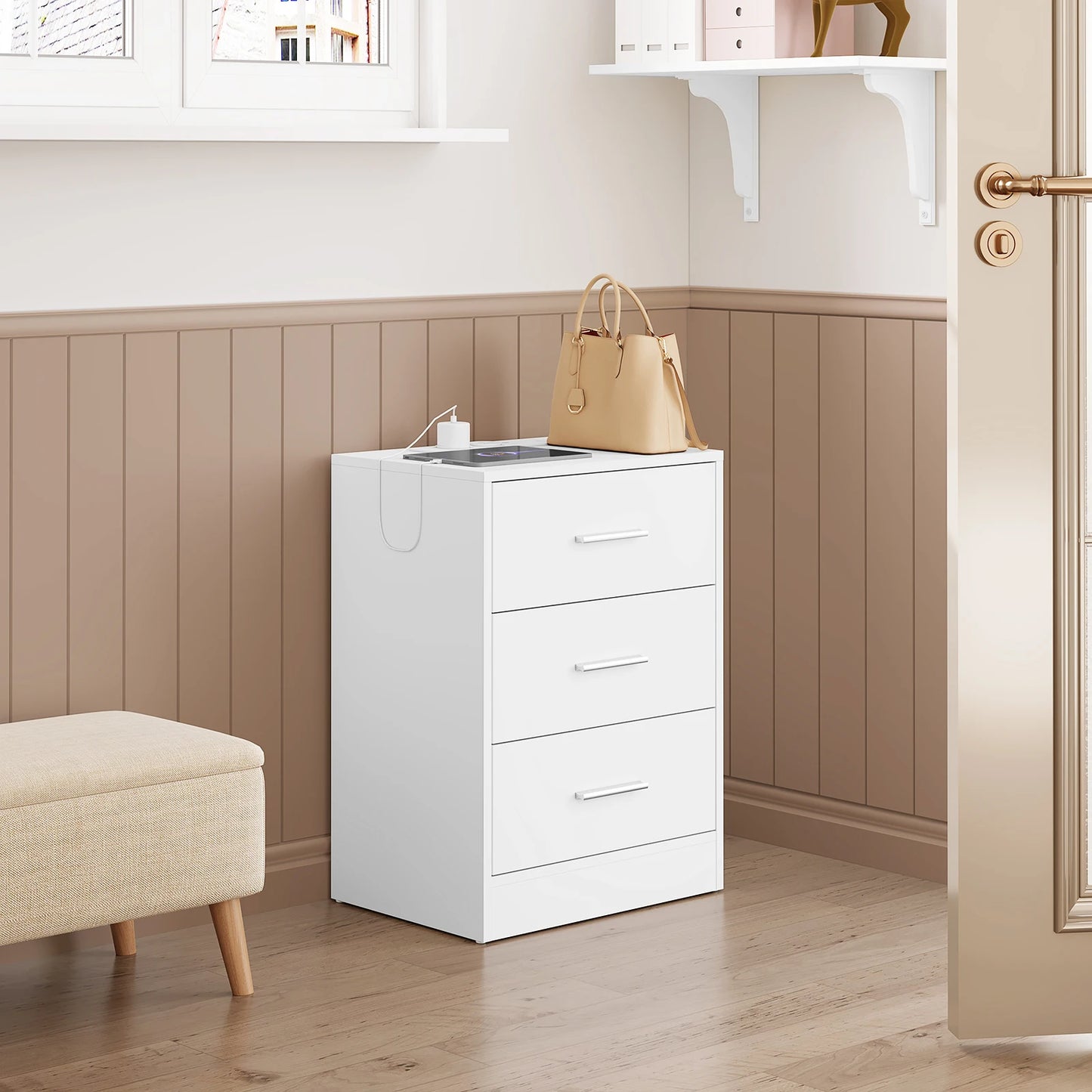 Table de chevet avec prise 3 tiroirs blanc -