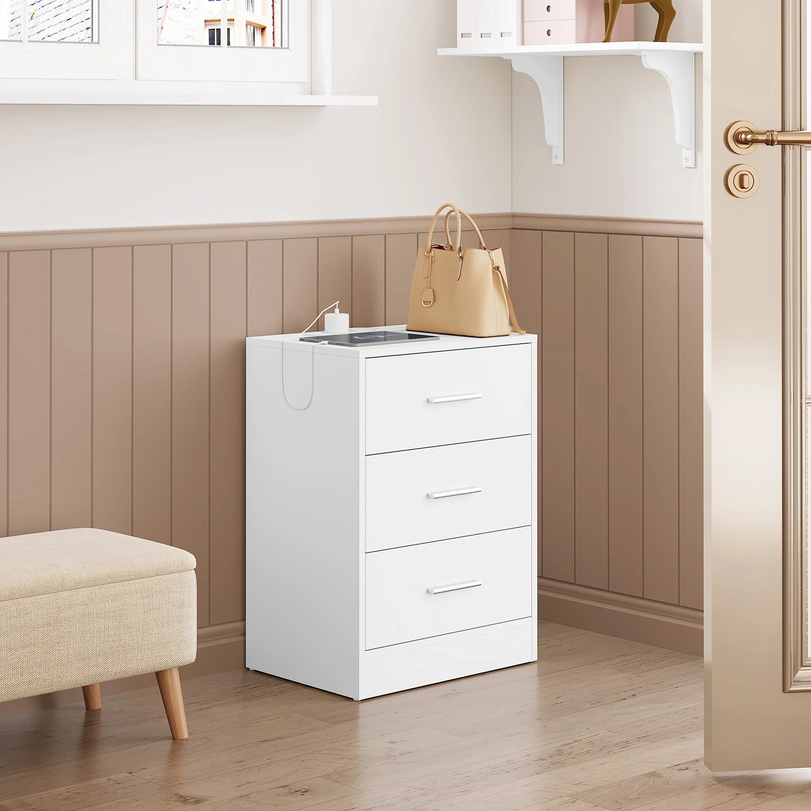 Table de chevet avec prise 3 tiroirs blanc -