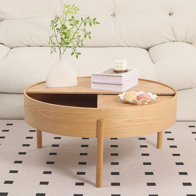 Table basse bois clair scandinave ronde avec rangement -
