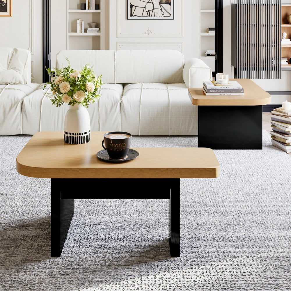 Table basse bois ronde et carré originale avec compartiments tiroirs -