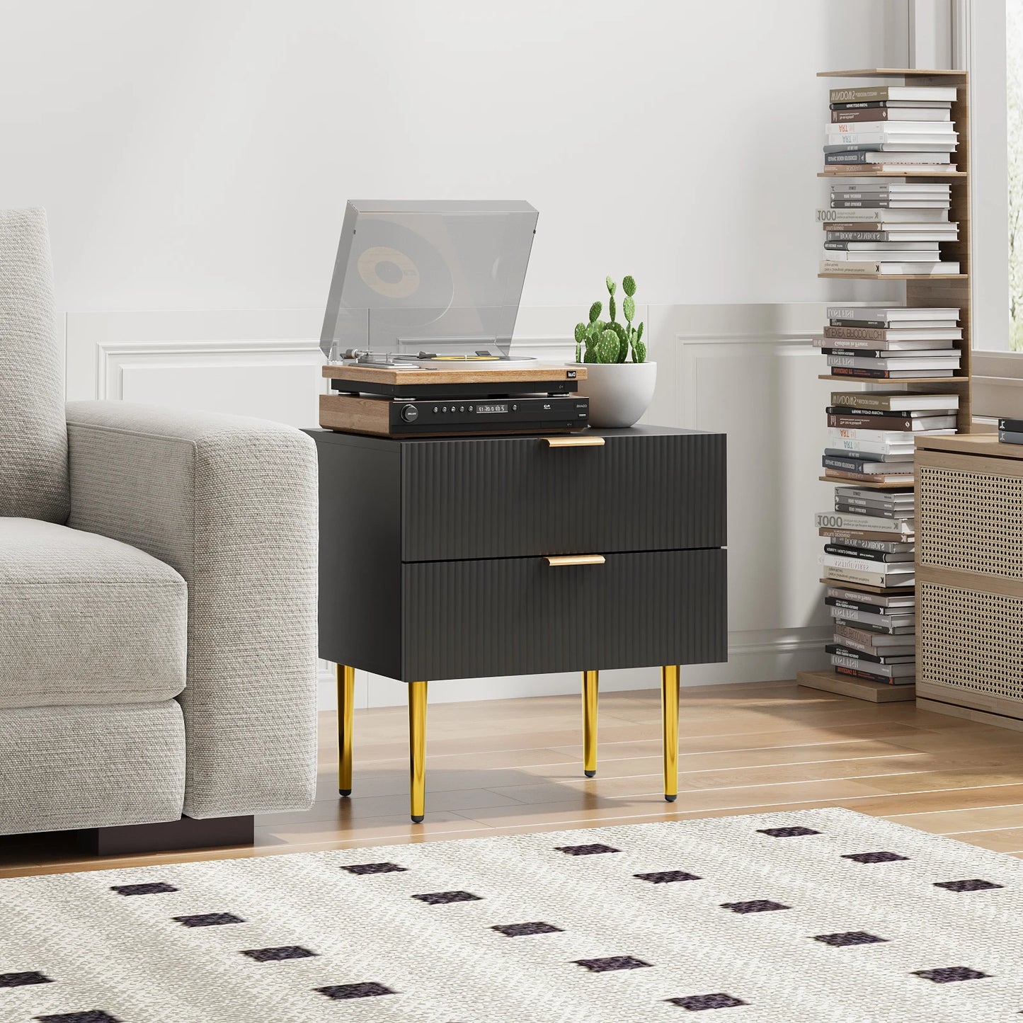 Table de nuit noire avec 2 tiroirs 1 Piece -