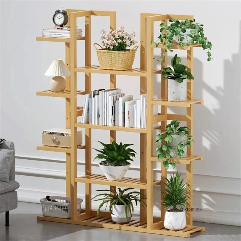 Étagère plante en bois massif pour balcon -