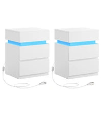 Table de chevet pas chère à LED et 3 tiroirs 2 pcs - Blanc Lot de 2 Table de chevet