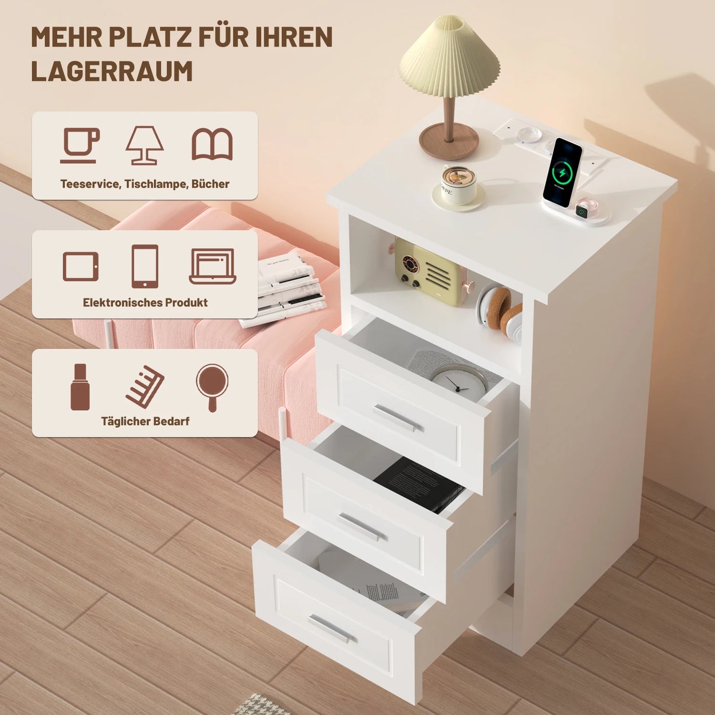 Table de chevet intelligente avec station de recharge USB -