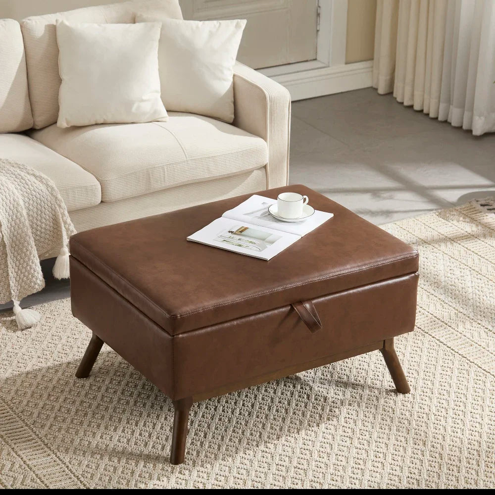 Table basse carré avec compartiment de rangement simple - Table basse Marron + PU cuir