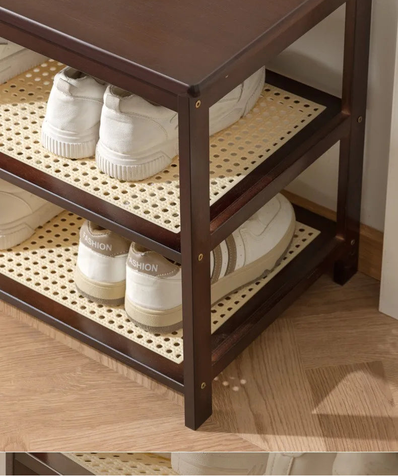 Meuble à chaussure bas d'entrée en bois massif -