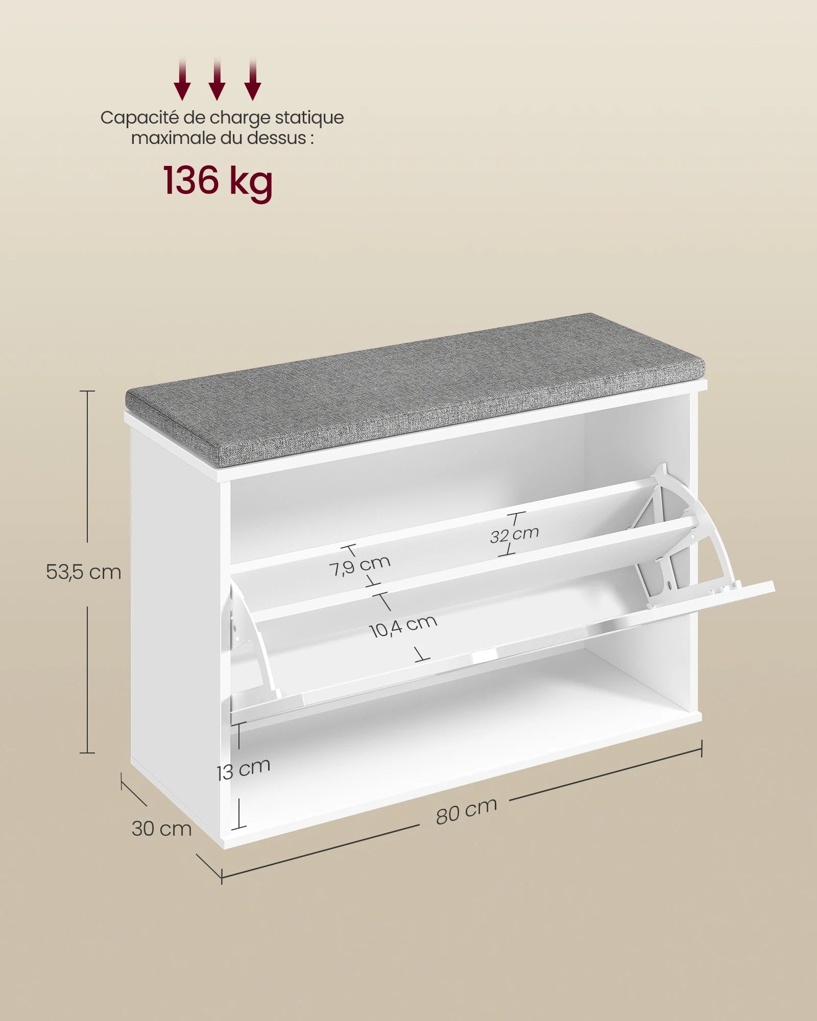 Étagère chaussures banc de couleur blanche 30 x 80 x 53.5 cm -