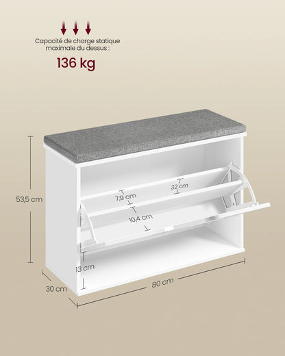 Étagère chaussures banc de couleur blanche 30 x 80 x 53.5 cm -