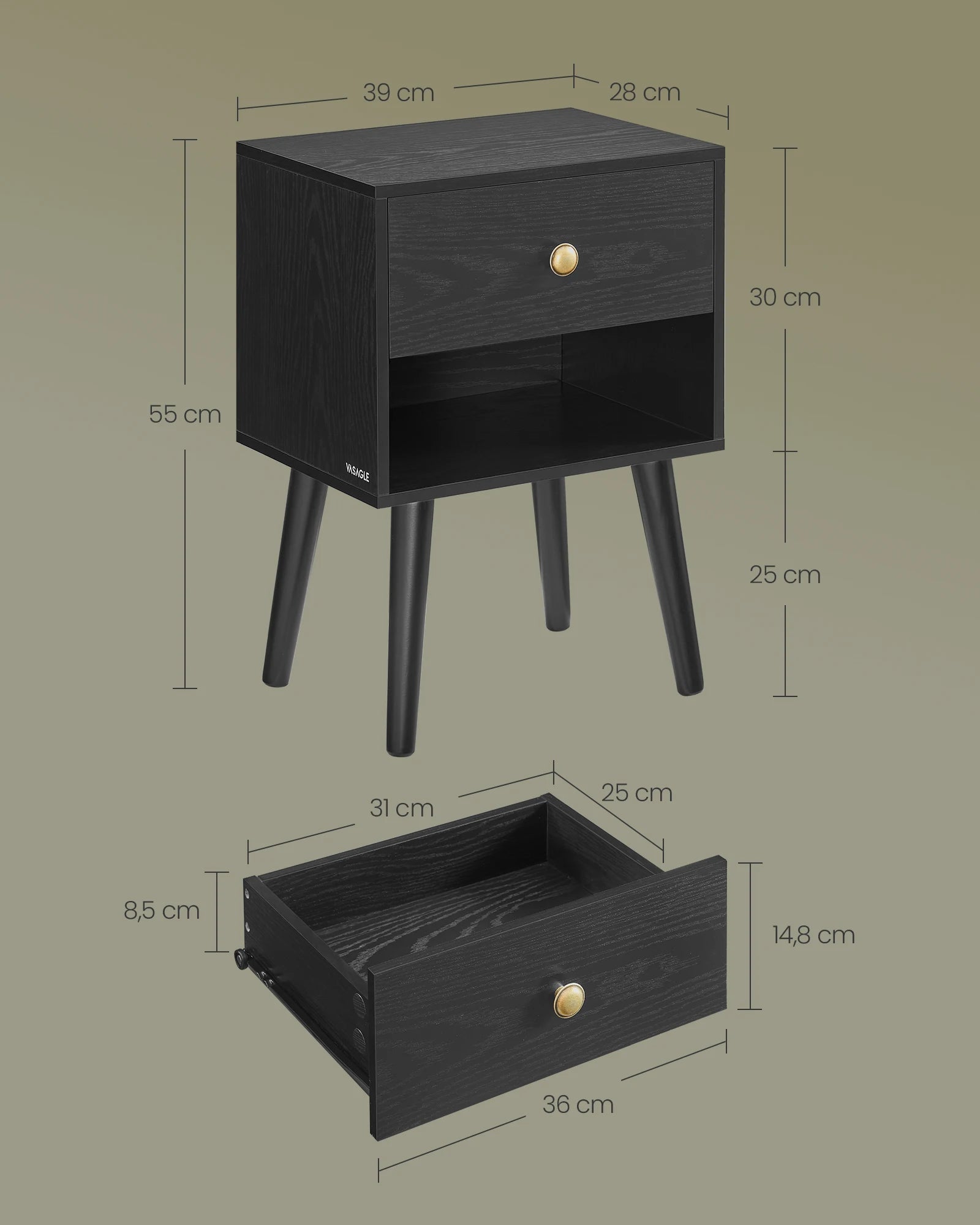 Table de nuit simple noir en bois -