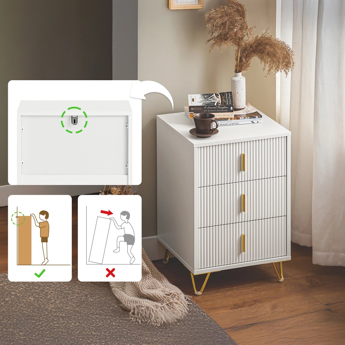 Table de chevet minimaliste avec 3 tiroirs blanches -