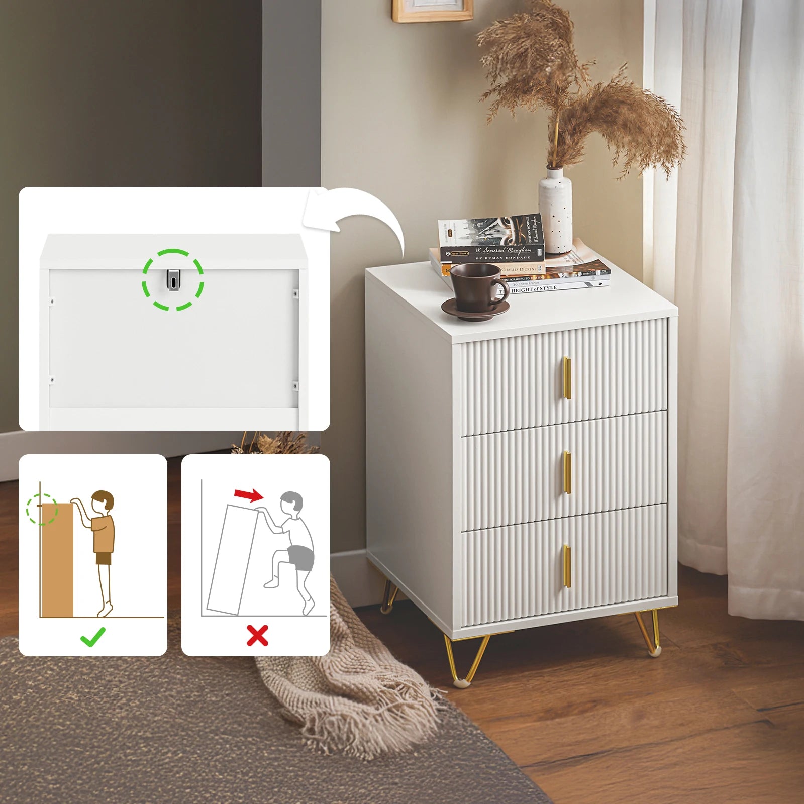 Table de chevet minimaliste avec 3 tiroirs blanches -