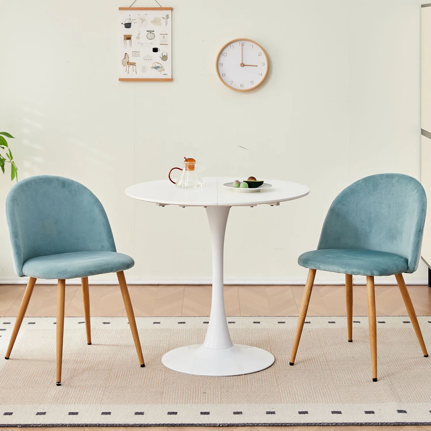 Chaise salle à manger bleu 4 ensemble en velours et pieds métal -