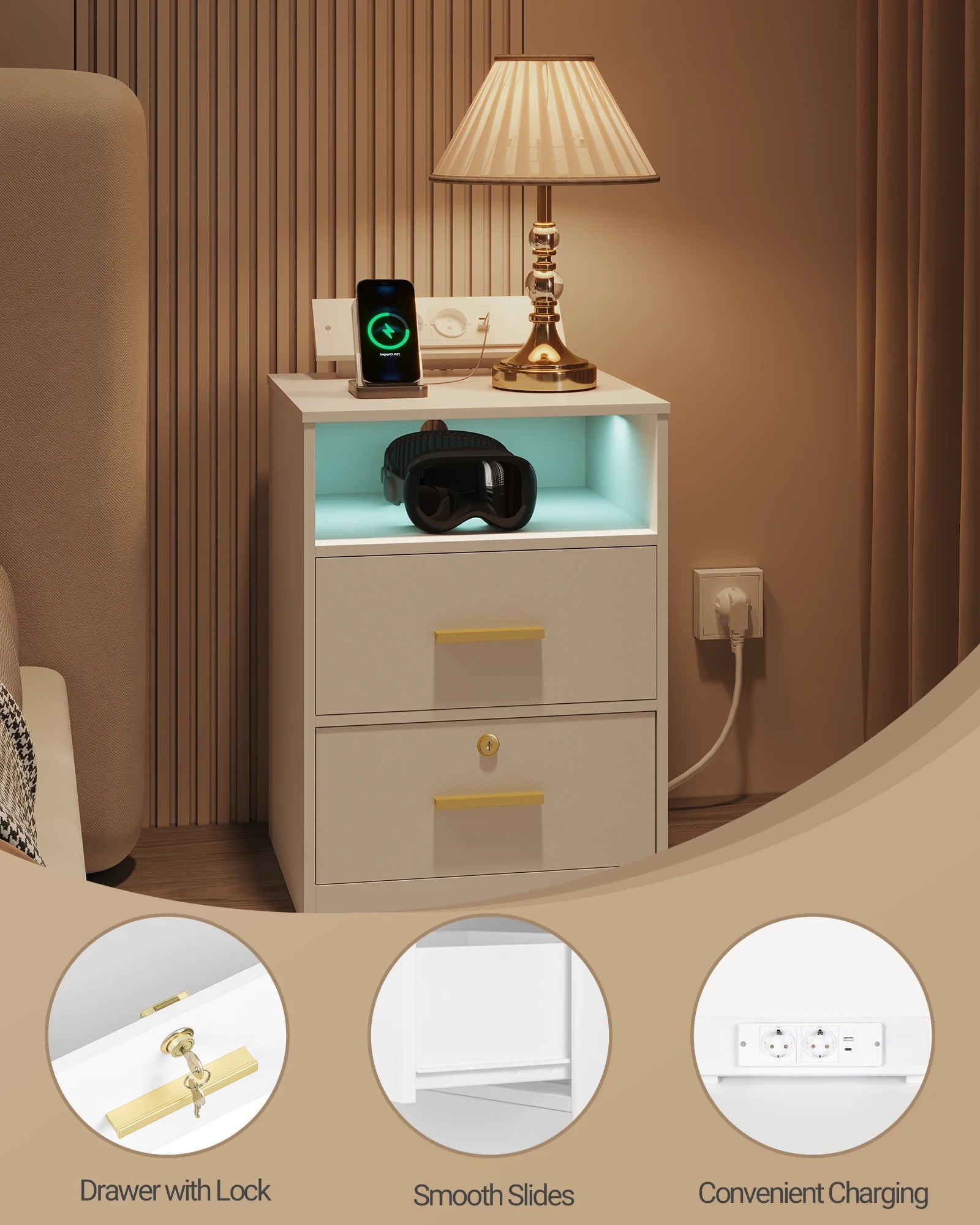 Lot de 2 Table de chevet led avec station de charge -